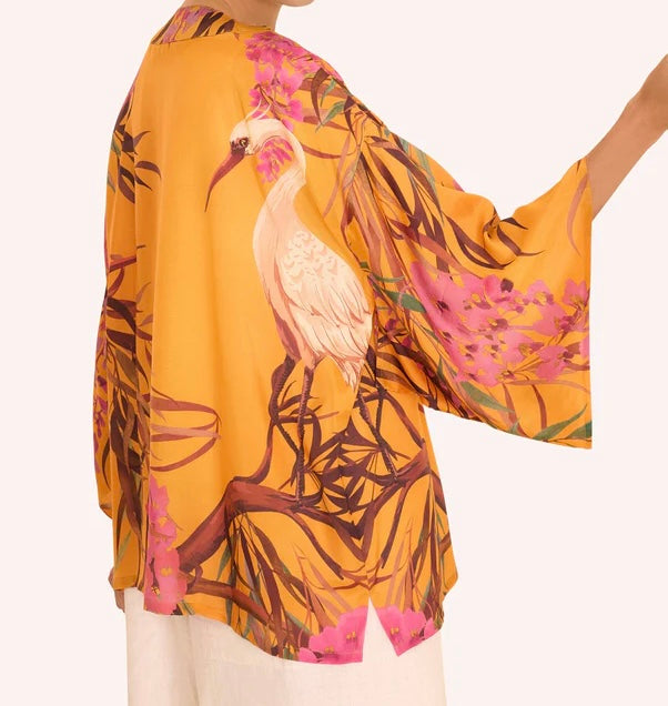 Oriental crane kimono in ochre