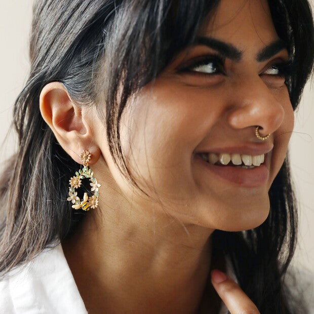 Lisa Angel Crystal Flower and Enamel Bee Drop Earrings