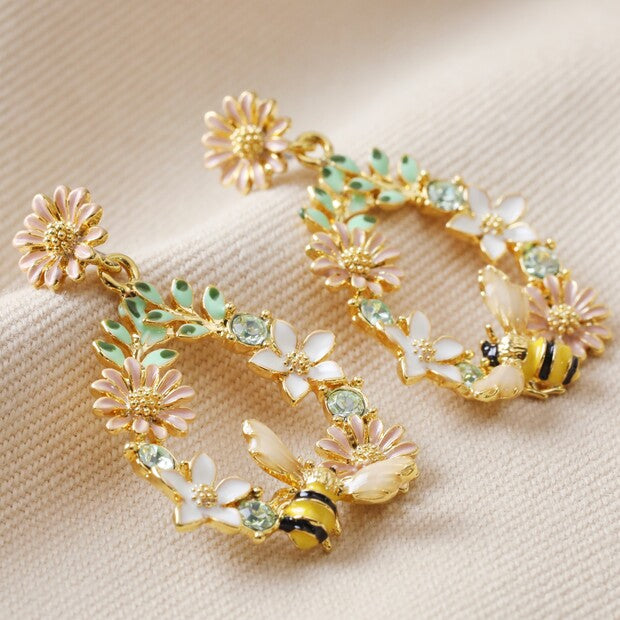 Lisa Angel Crystal Flower and Enamel Bee Drop Earrings