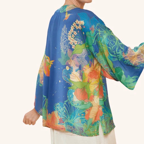Blue hummingbird kimono