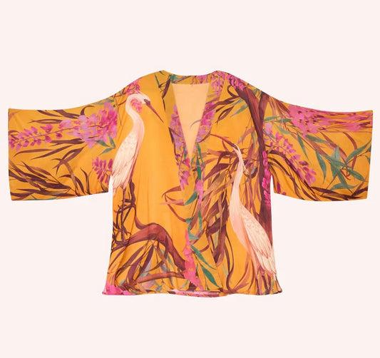 Oriental crane kimono in ochre