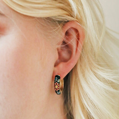 Lisa Angel Black Cloisonné Hoop Earrings in Gold