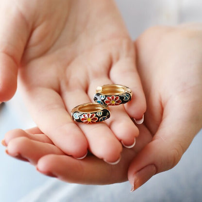 Lisa Angel Black Cloisonné Hoop Earrings in Gold