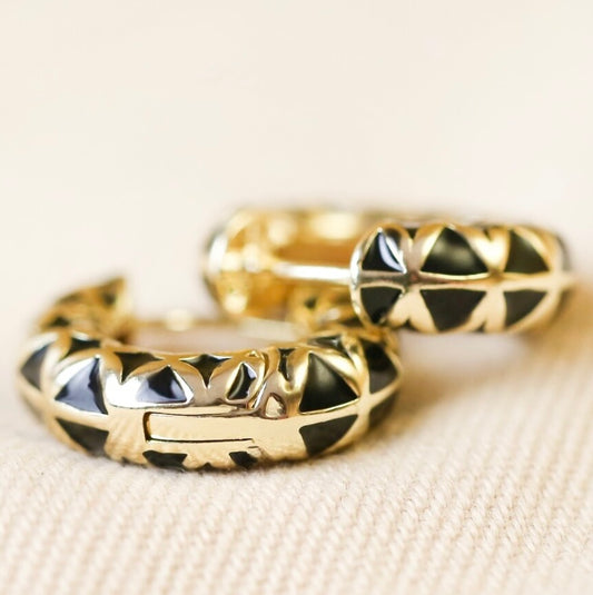 Lisa Angel Black Geometric Enamel Hoop Earrings in Gold