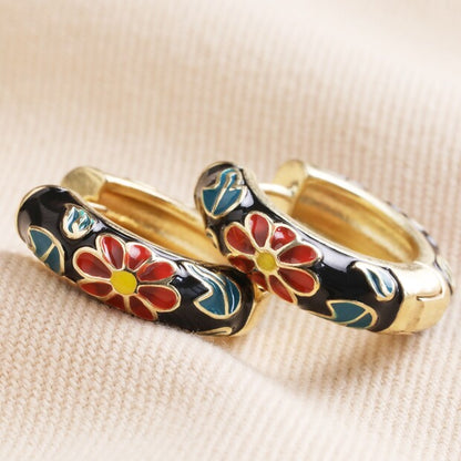 Lisa Angel Black Cloisonné Hoop Earrings in Gold