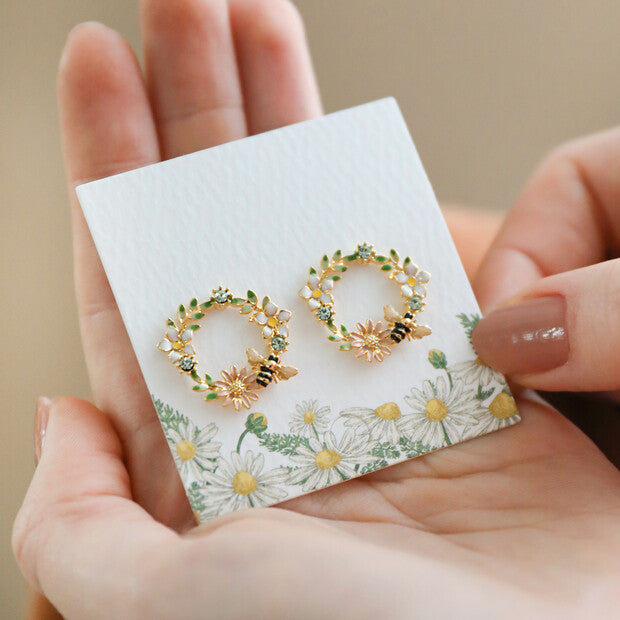 Lisa Angel Crystal Flower and Enamel Bee Stud Earrings in Gold