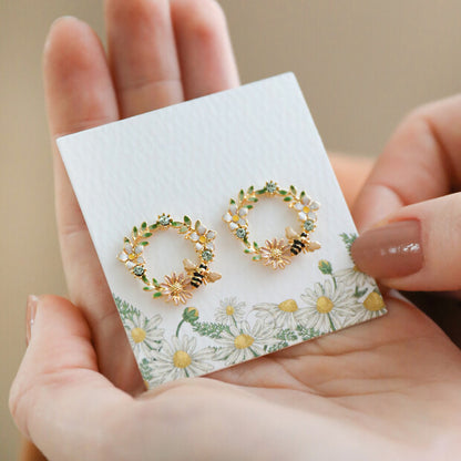 Lisa Angel Crystal Flower and Enamel Bee Stud Earrings in Gold