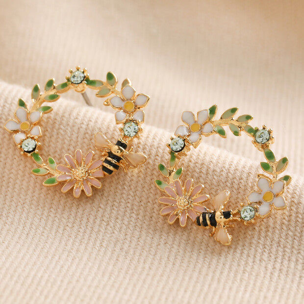 Lisa Angel Crystal Flower and Enamel Bee Stud Earrings in Gold
