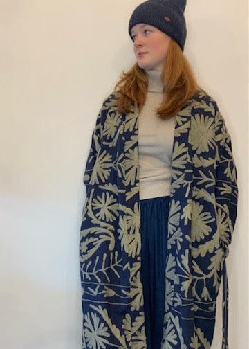 Embroidered Blue Wrap Coat